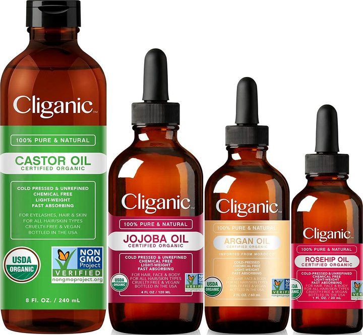 Cliganic organic carrier oils set: castor, jojoba, argan and rosehip