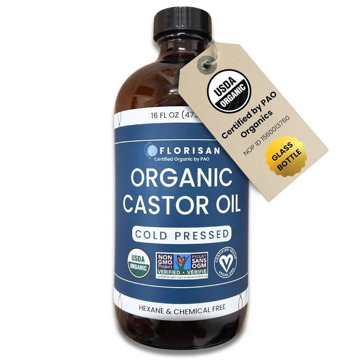 Florisan organic castor oil in a glass bottle